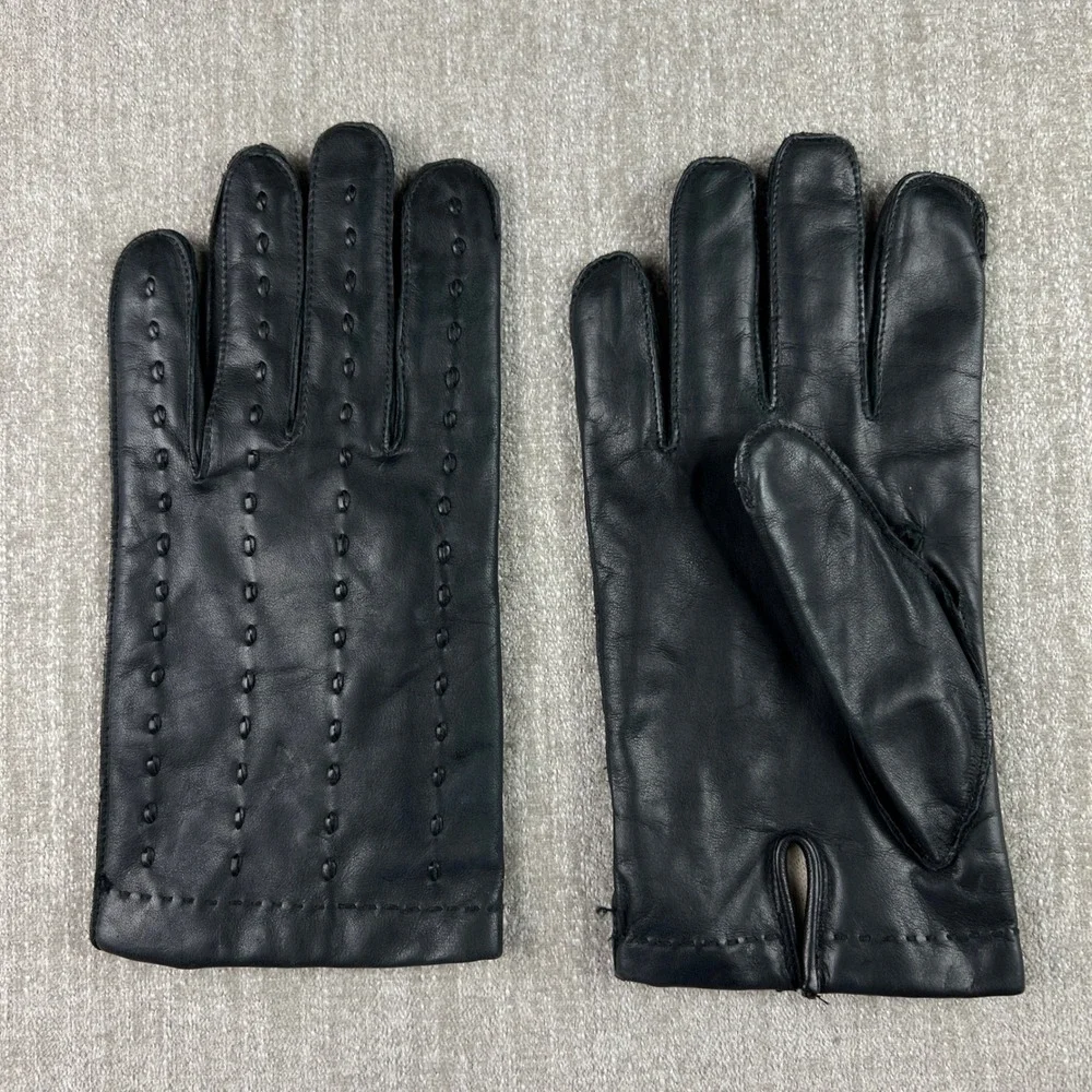 Vintage‎ Black Genuine Leather Driving Gloves Lined Pintuck Detail Women Size 10